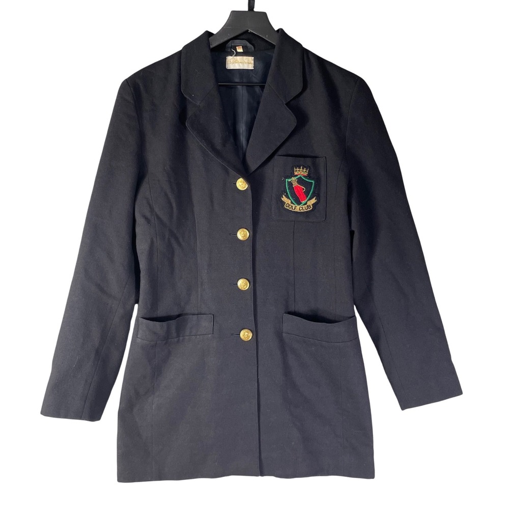 Vintage‎ 90s Womens Navy Virgin Wool Crest Blazer Size 36 Gold Buttons Preppy